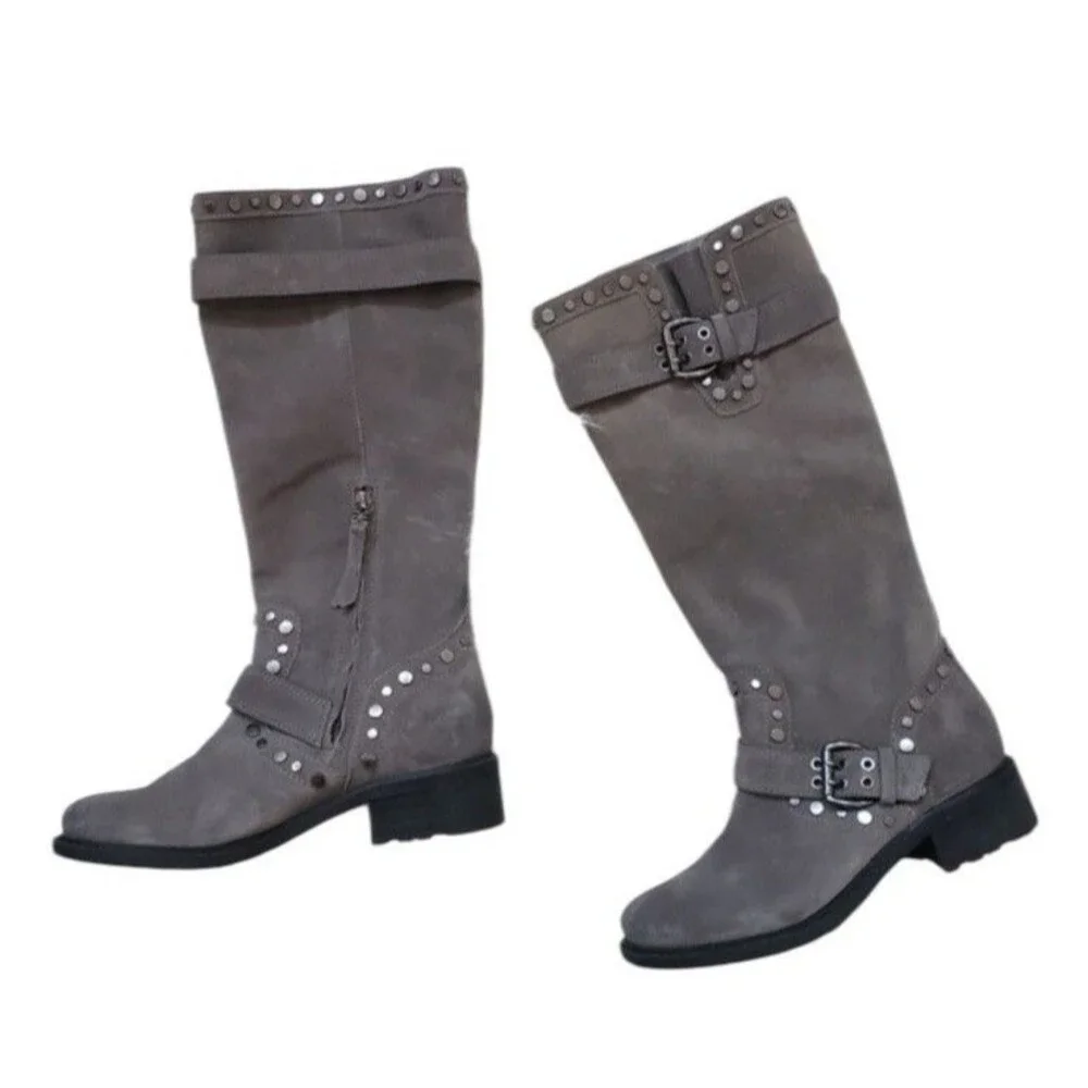 Sam Edelman Suede Studded Knee High Boots Women's Biker Rugged Sz 7.5 Grey - Picture 3 of 12